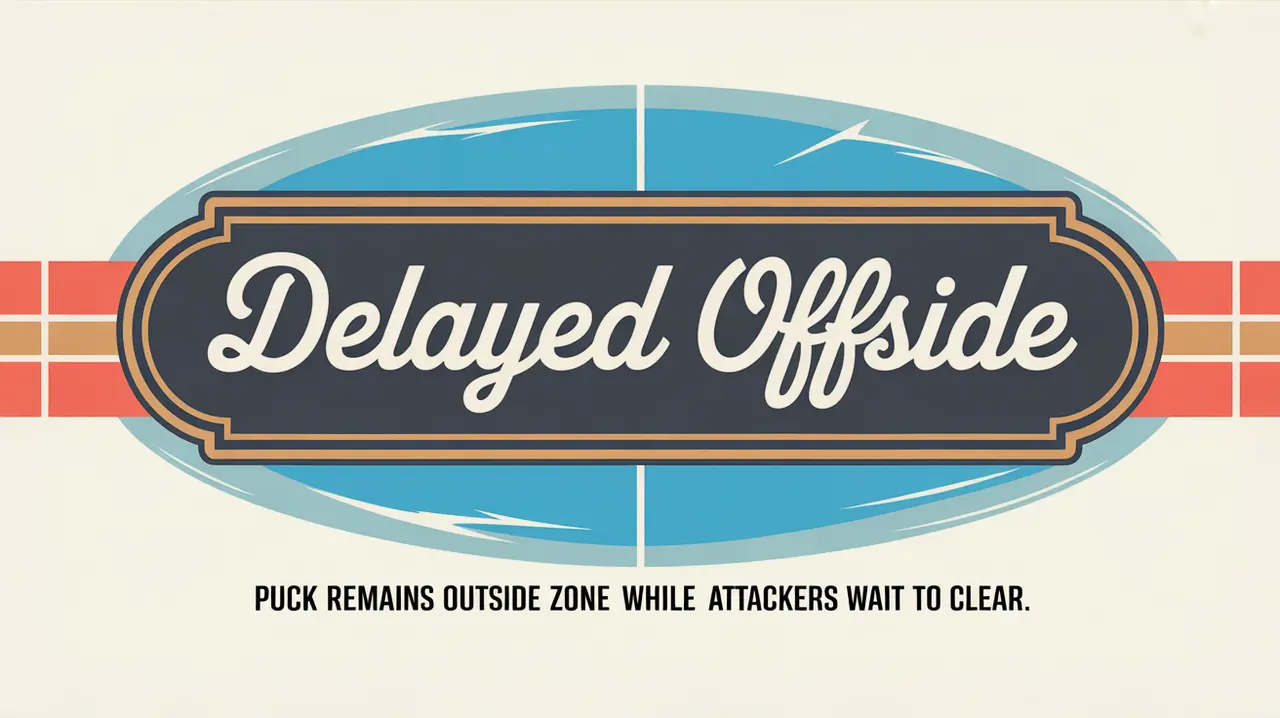 Illustration of delayed offside hockey rule with nameplate and ice background