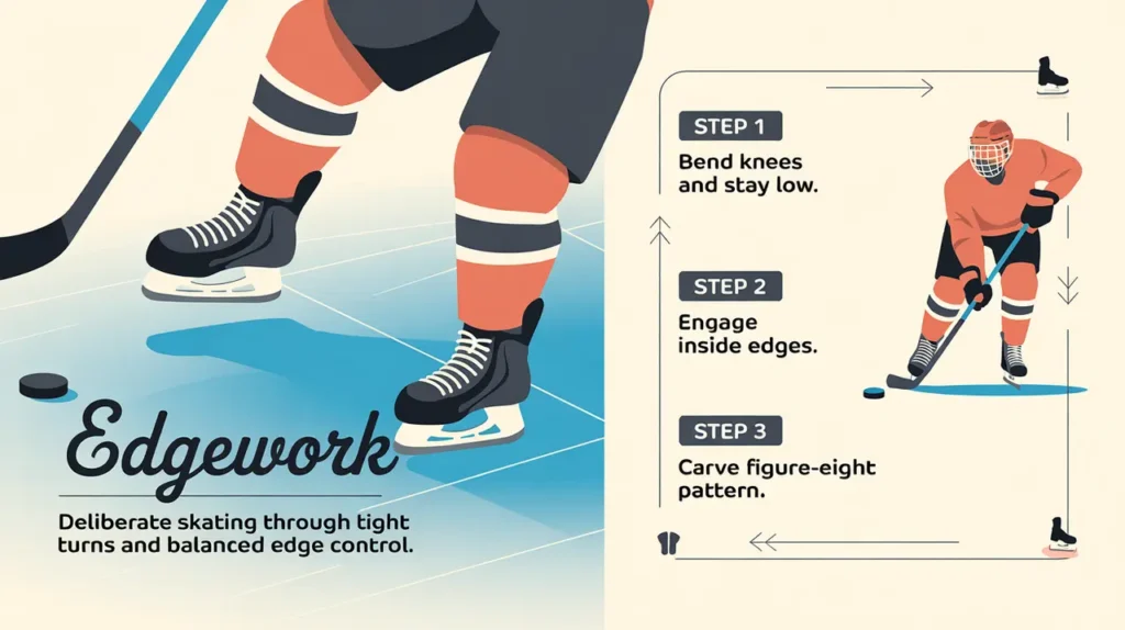 Split-screen hockey edgework drill with labeled steps and skate blades