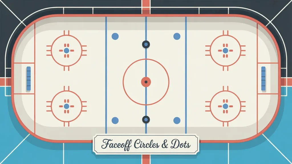 Top-down illustration of rink faceoff circles and dots with red outlines and blue dots