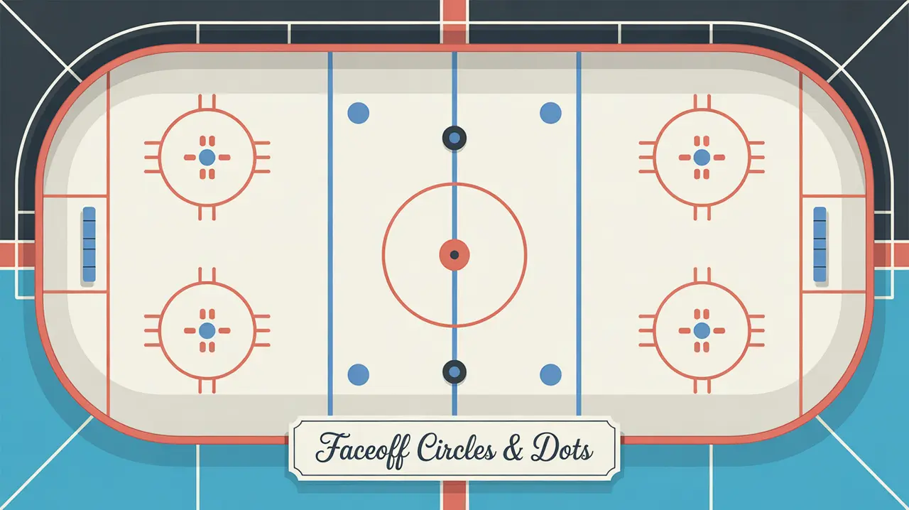 Top-down illustration of rink faceoff circles and dots with red outlines and blue dots