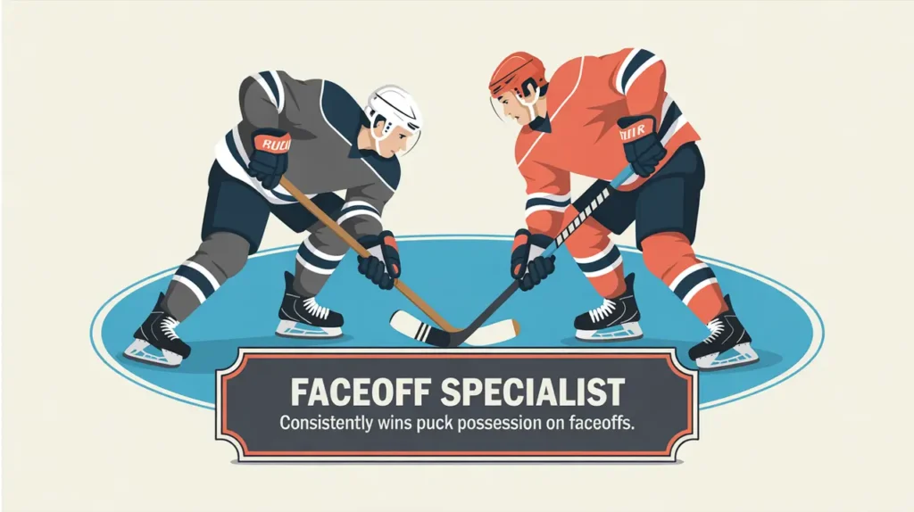 Hockey player in faceoff stance with intense focus and nameplate