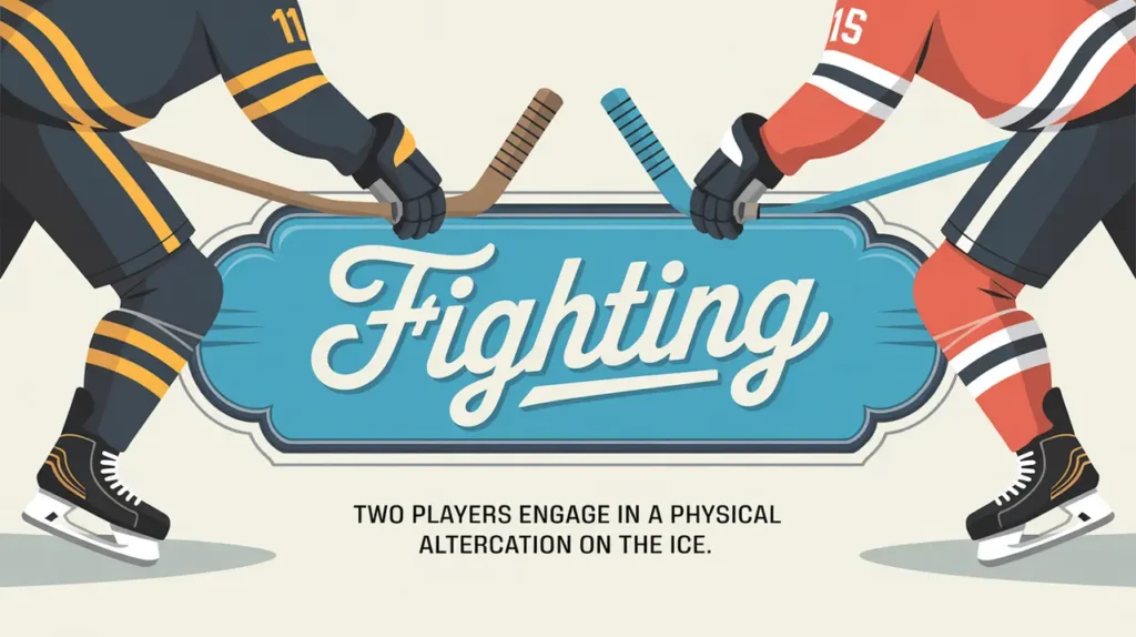 Illustration of two hockey players fighting on ice with elegant nameplate
