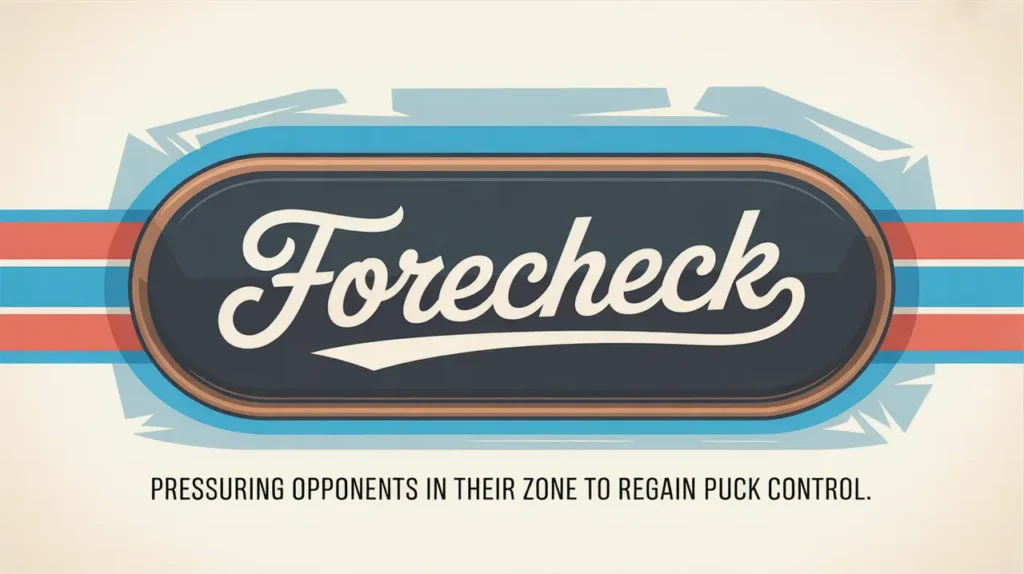 Illustration of forecheck term on ice background with hockey colors