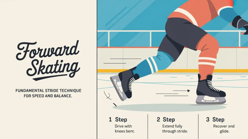 Split-screen illustration of forward skating steps with skate blade icons