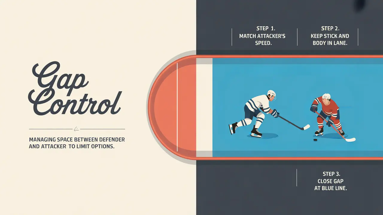 Illustration showing gap control steps and defender positioning in hockey