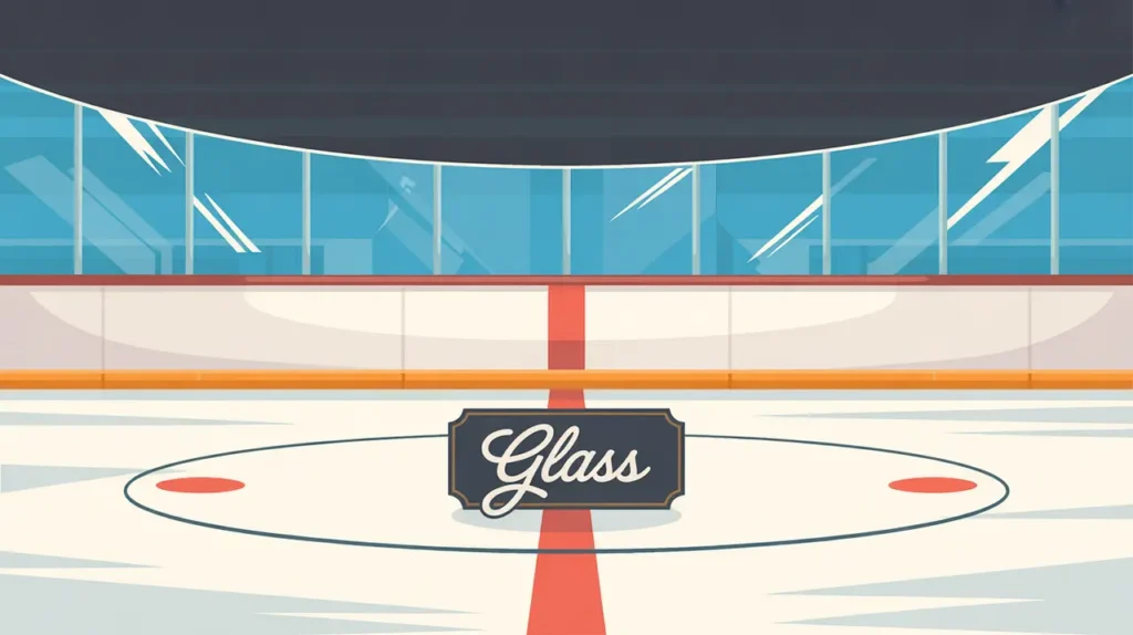 Transparent rink glass panels above boards with reflections and geometric accents