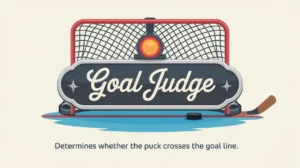 Goal Judge nameplate with red hockey goal light and goal frame outline