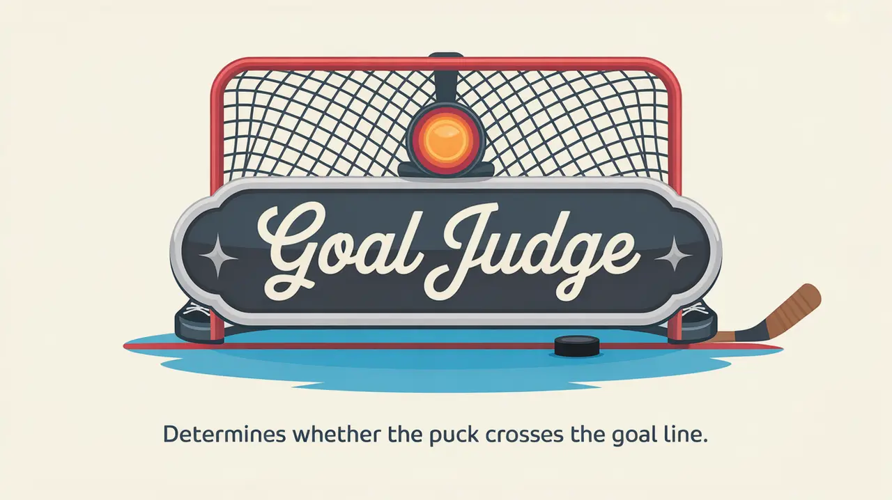 Goal Judge nameplate with red hockey goal light and goal frame outline