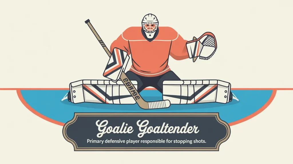 Hockey goalie in classic stance with full gear on ice background