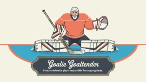 Hockey goalie in classic stance with full gear on ice background
