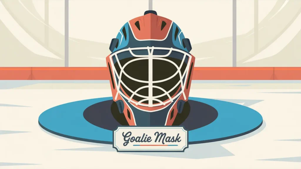 Classic hockey goalie mask with cage on ice rink