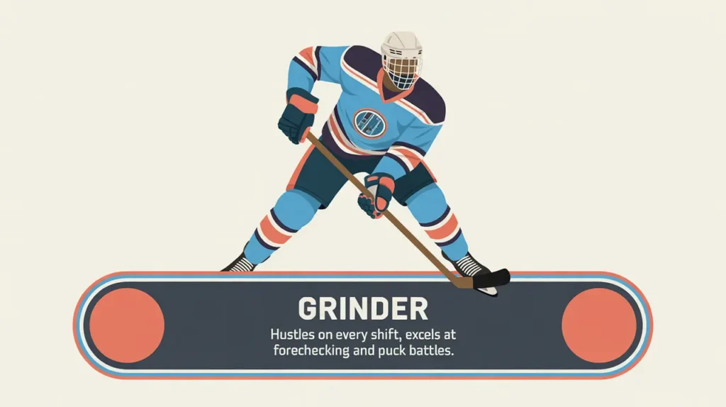 Hockey player forechecking aggressively in the corner with grinder nameplate