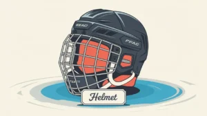 Hockey helmet with protective cage on ice surface