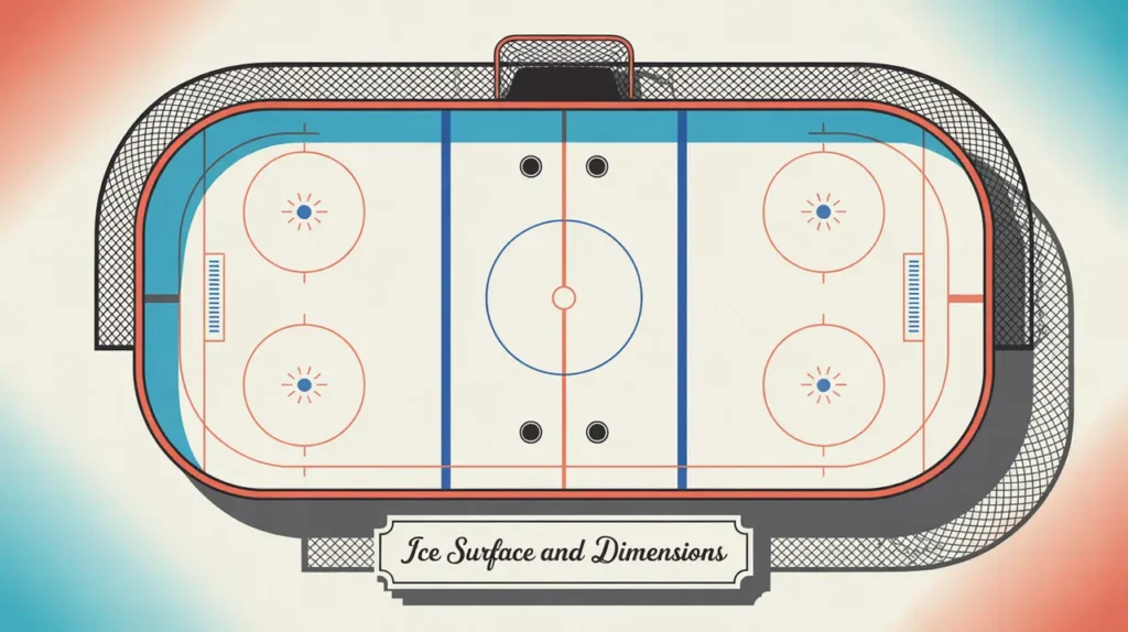 Top-down illustration of a standard hockey rink with detailed lines and markings
