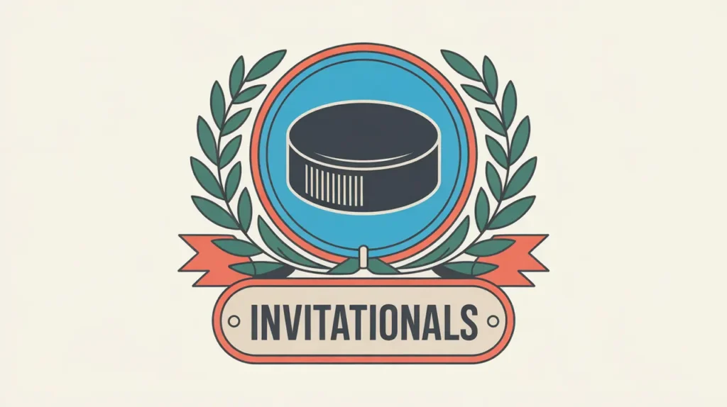 Stylized tournament crest with puck and laurel leaves Invitationals nameplate