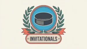 Stylized tournament crest with puck and laurel leaves Invitationals nameplate