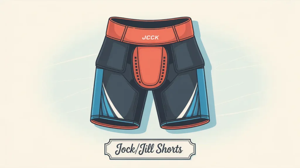 Detailed illustration of hockey jock/jill shorts with compression fabric and cup pocket