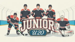 Junior hockey players posing around bold U20 team wordmark