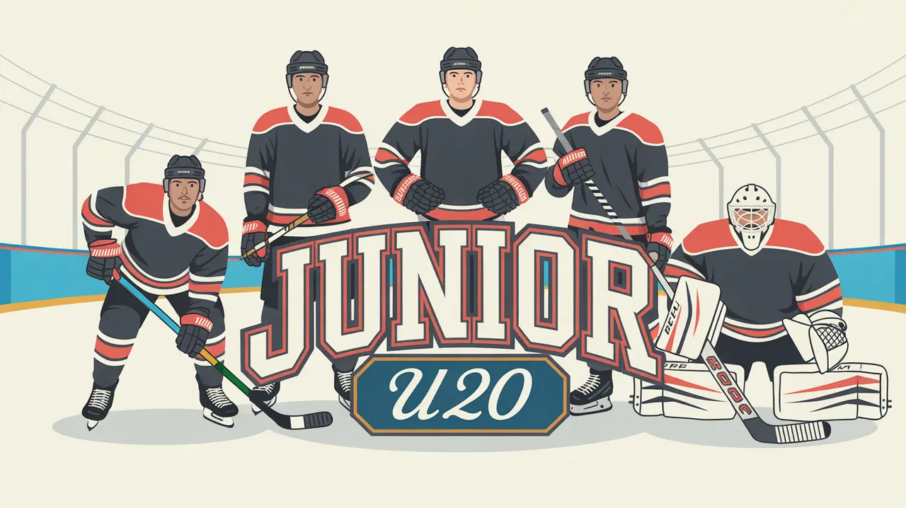 Junior hockey players posing around bold U20 team wordmark