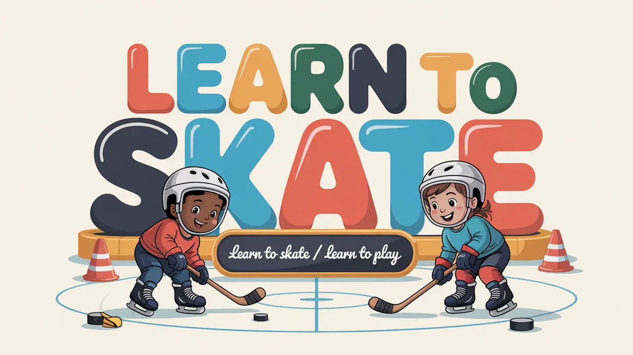 Two toddlers learning to skate with hockey sticks on ice rink