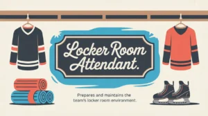 Locker room attendant nameplate with jerseys towels and skate mats