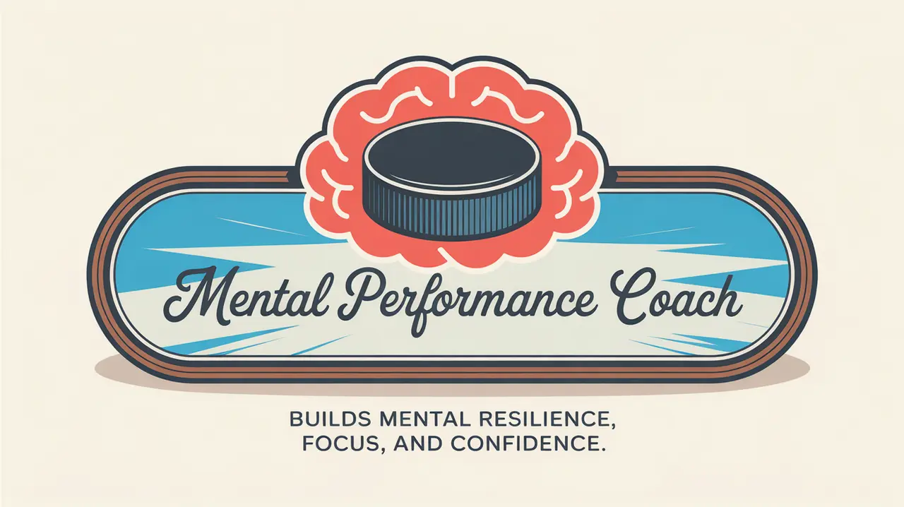 Illustration of hockey puck inside brain outline with Mental Performance Coach nameplate