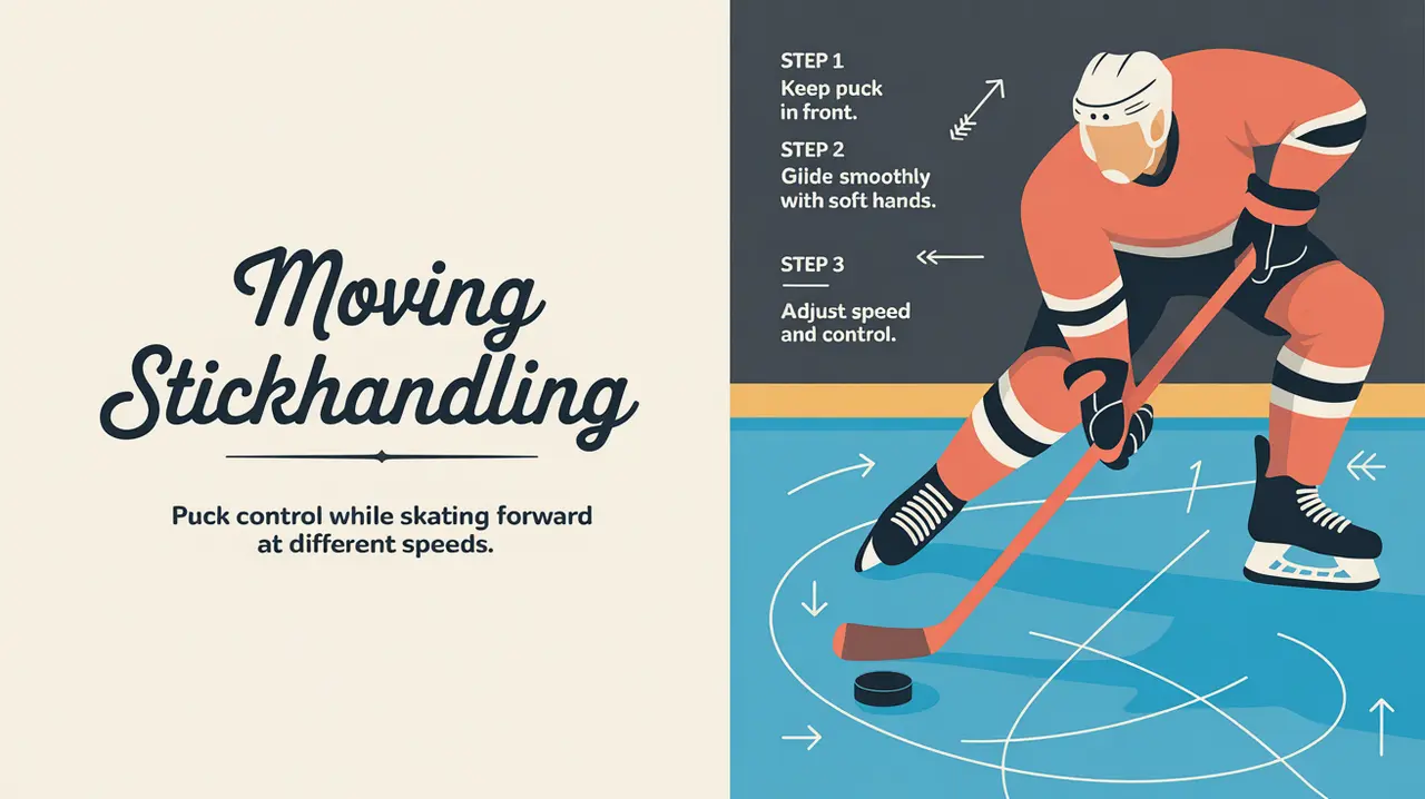 Split-screen hockey stickhandling drill steps with puck control instructions
