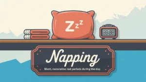 Hockey locker shelf with pillow, towel, alarm clock, and nameplate reading Napping