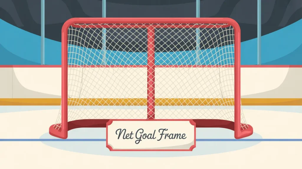 Hockey goal frame with red metal piping and white netting on ice