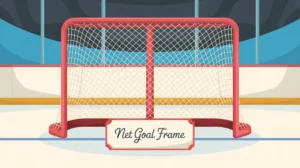 Hockey goal frame with red metal piping and white netting on ice
