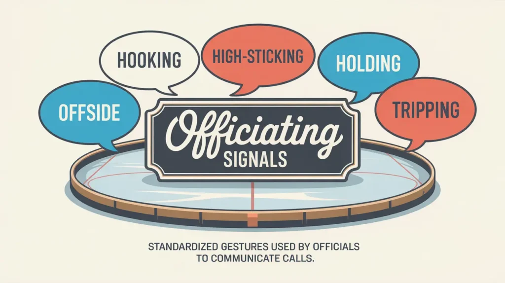 Hockey referee silhouettes performing officiating signals around a nameplate