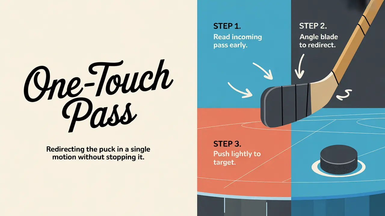 Illustration of one-touch pass steps with puck and stick icons