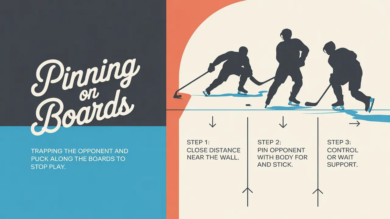 Illustration of hockey pinning technique steps near boards