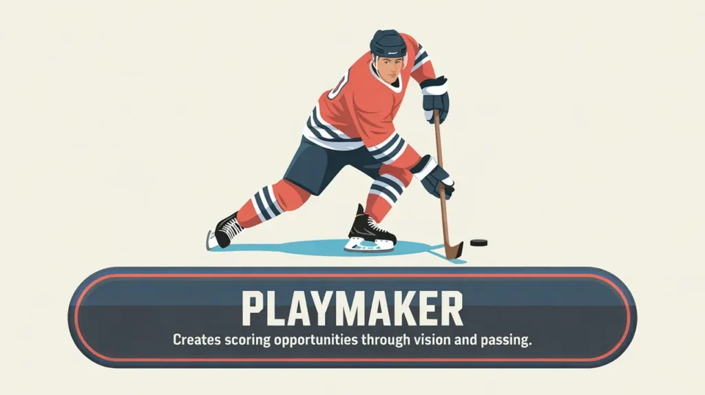 Hockey player making a no-look pass representing playmaker role