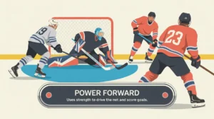 Hockey power forward driving the net with defenders behind