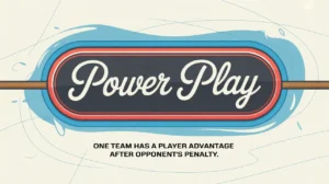 Polished nameplate reading Power Play on light ice background