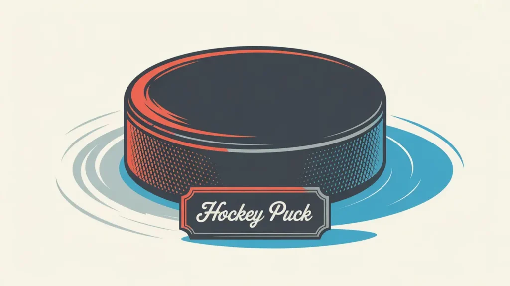 Black hockey puck on smooth ice with engraved texture and nameplate