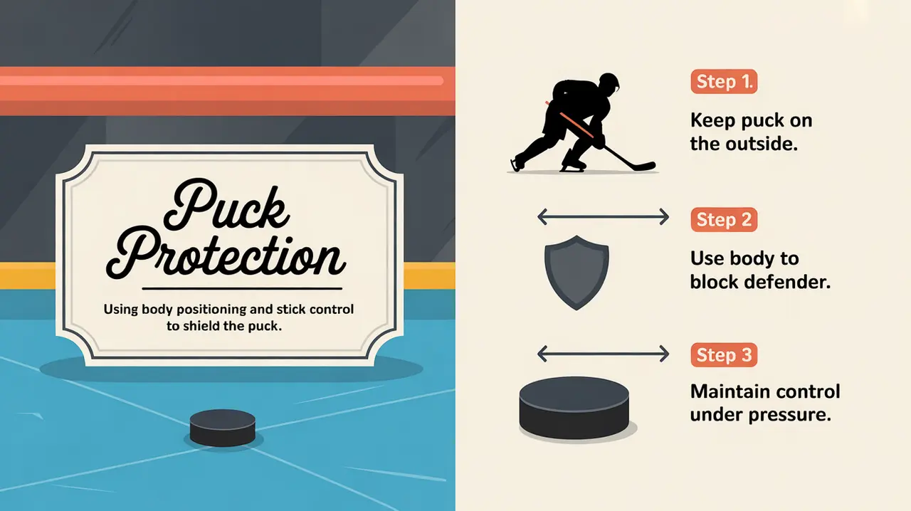 Split-screen hockey puck protection drill illustration with labeled steps
