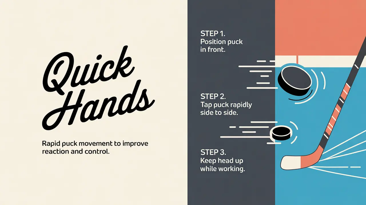 Split-screen ice hockey stickhandling drill illustration with steps and puck trails