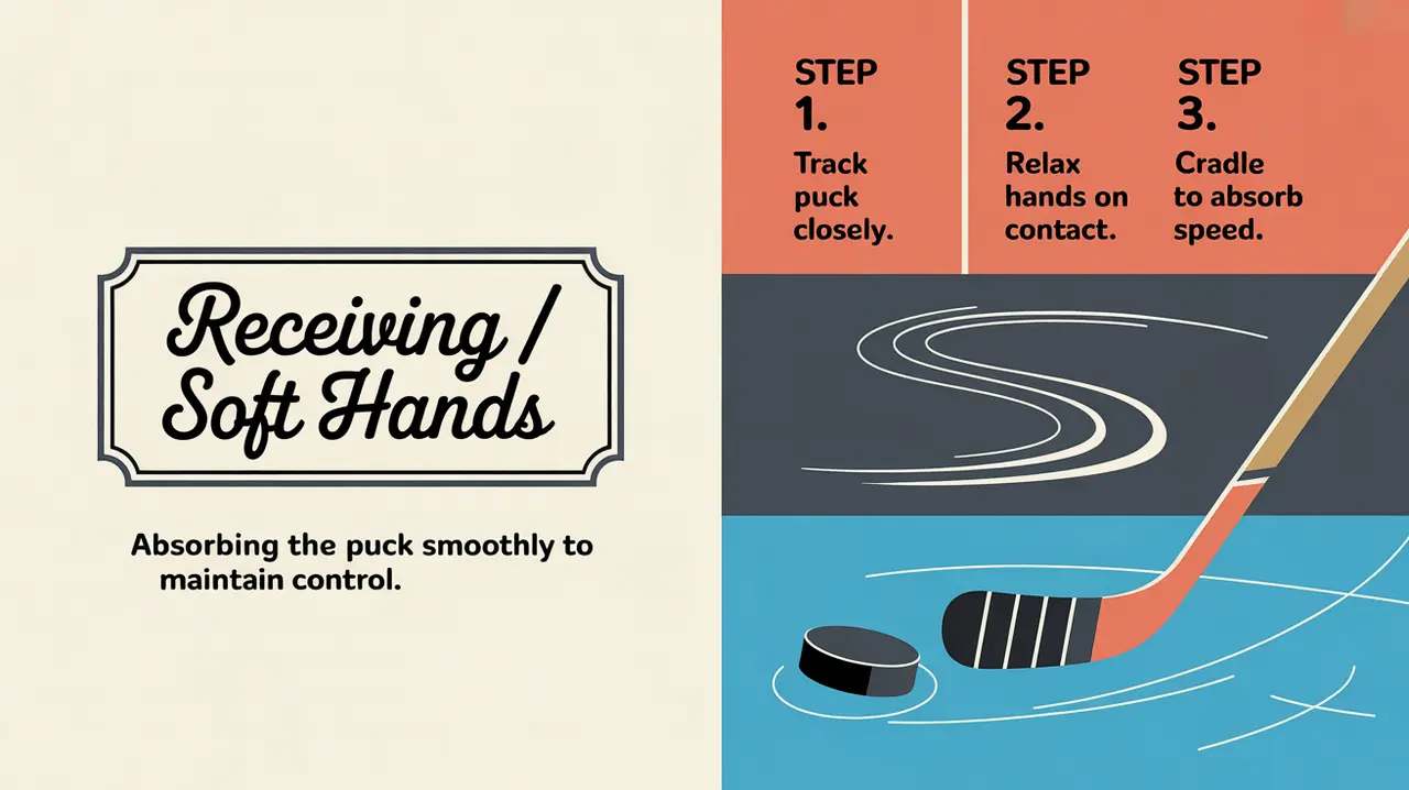 Split-screen illustration of hockey puck receiving drill steps with puck trails and stick blade icons