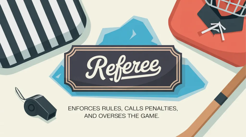 Hockey referee shirt and whistle with nameplate on ice background