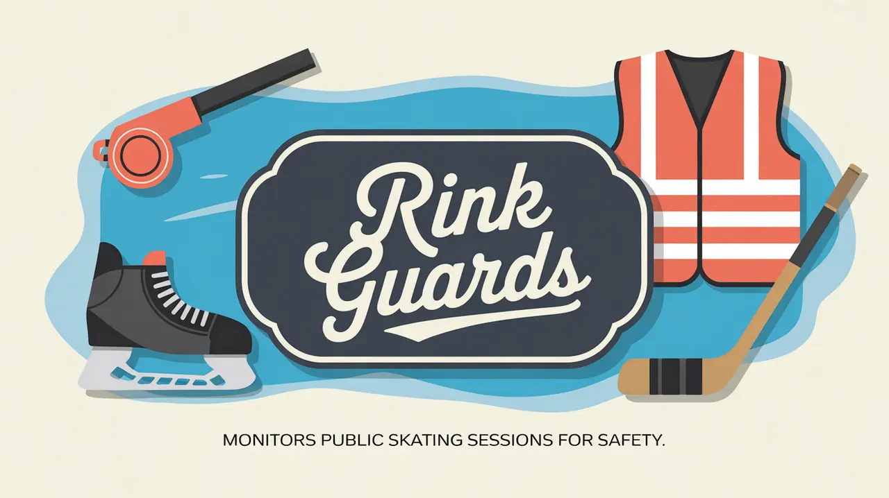 Illustration of rink guard equipment and nameplate on ice background