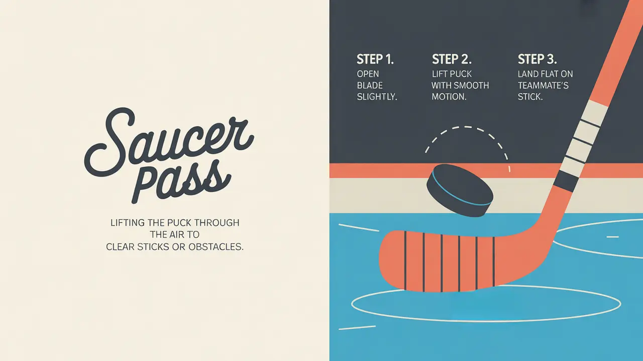 Illustration of saucer pass steps with puck arc and stick blade