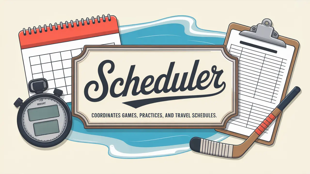 Scheduler nameplate with hockey calendar clock and clipboard