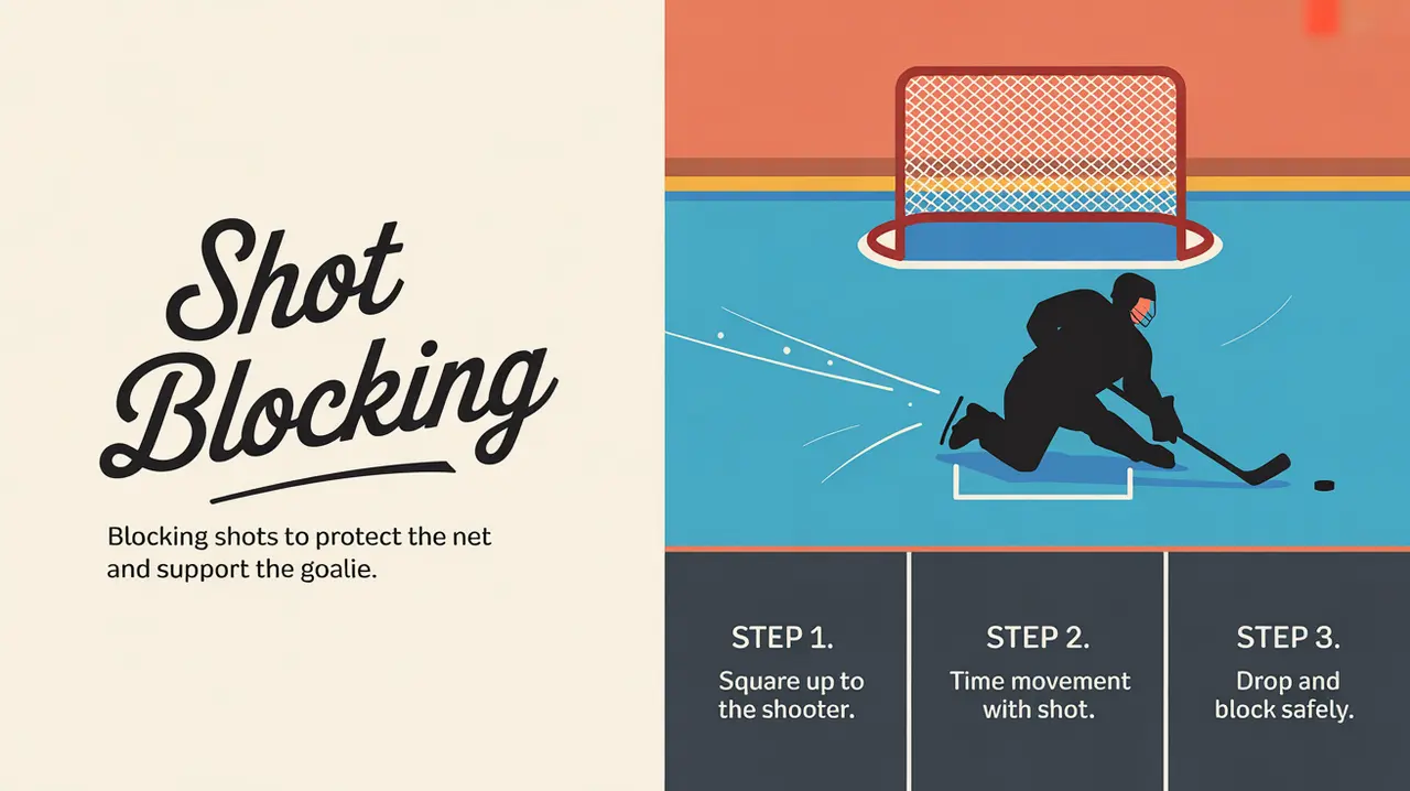 Illustration of hockey shot blocking steps and player stance