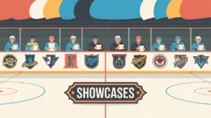 Illustration of hockey rink with scouts and team logos on boards