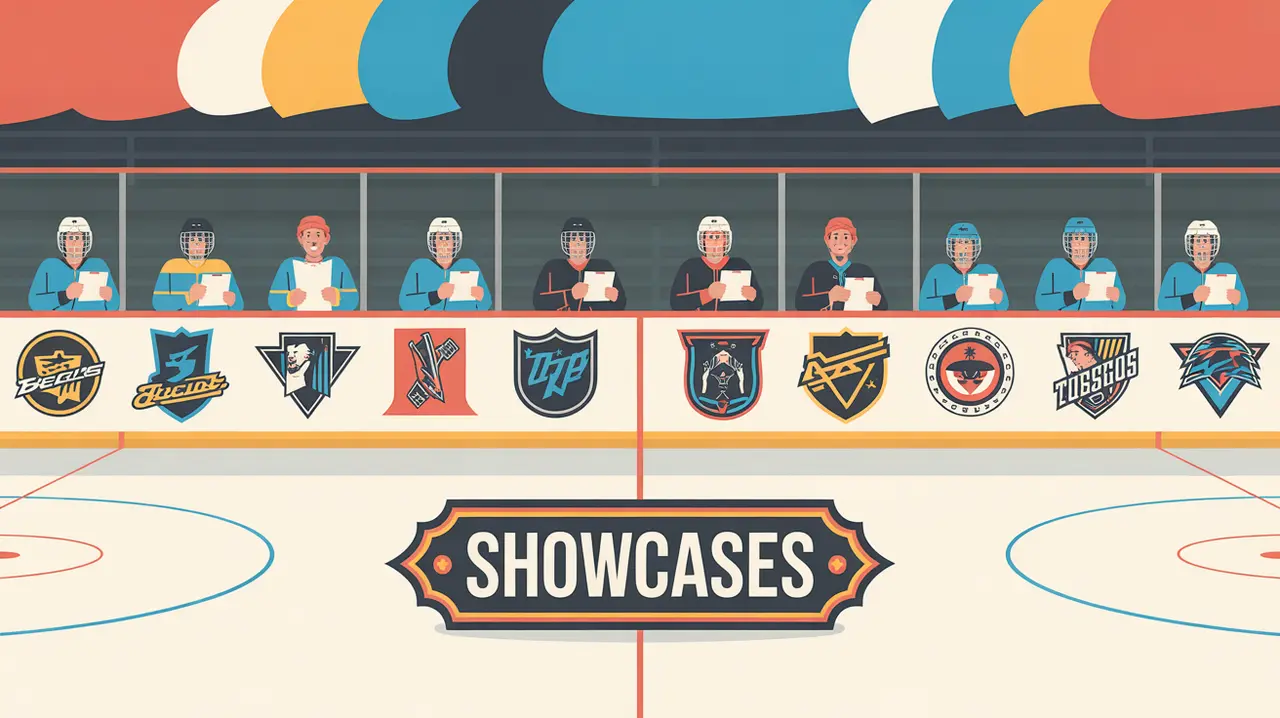 Illustration of hockey rink with scouts and team logos on boards