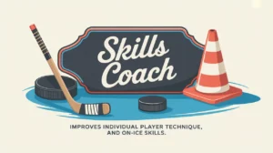 Hockey skills coach nameplate with stick puck and cone on ice background