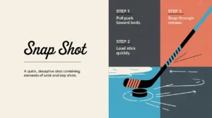 Split-screen hockey snap shot technique illustration with labeled steps