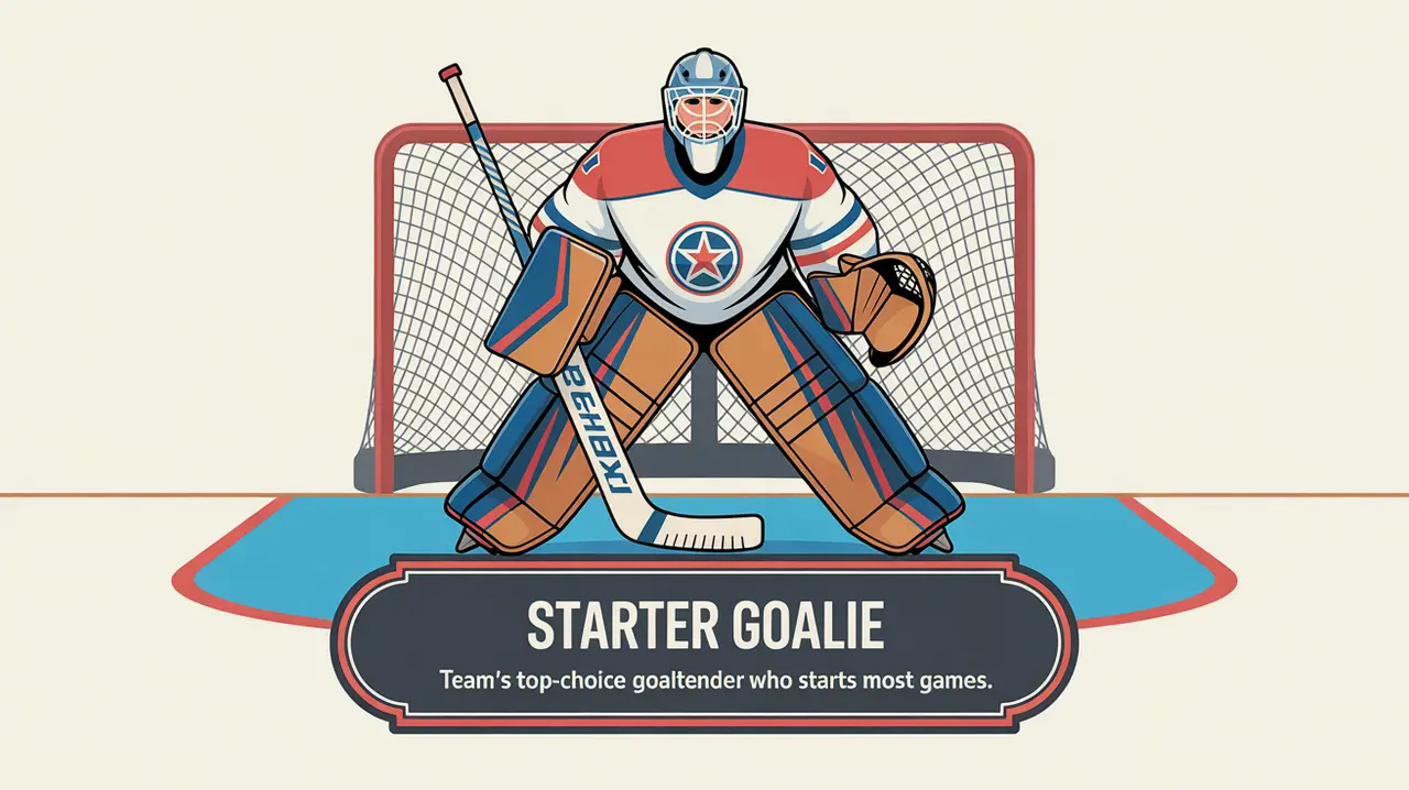 Hockey starter goalie standing confidently in front of net with nameplate